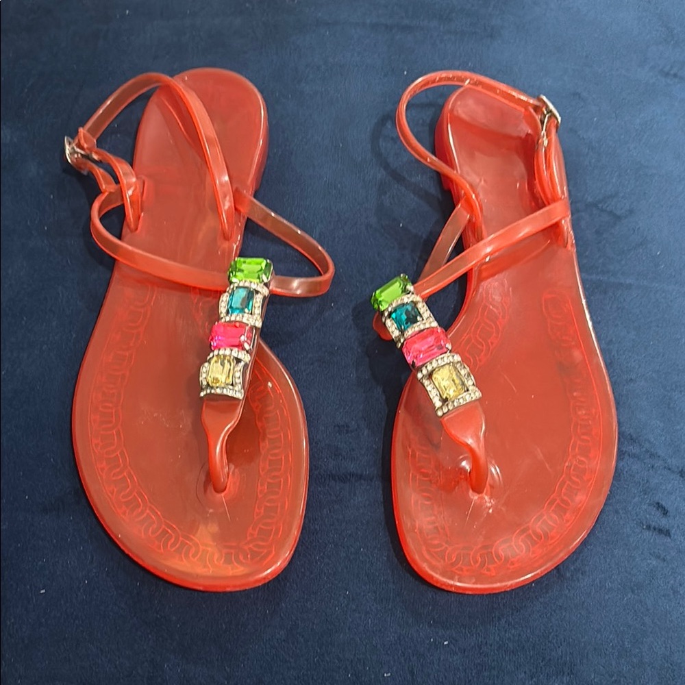Casadei Orange Rubber Slingback Flat Sandals Size 39 (US 8) with colorful stones